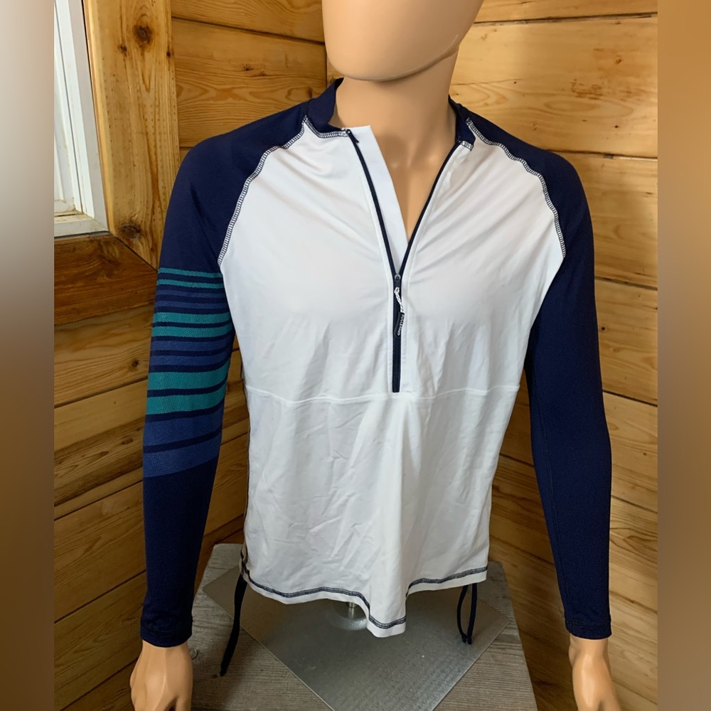 UPF 50 Swim Rash Guard Shirt White Blue Stripe Men Extra Large